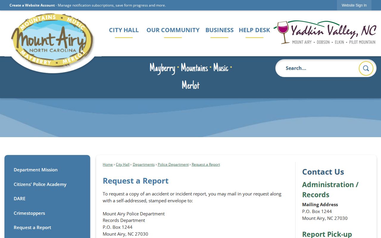 Mount Airy official request a report page