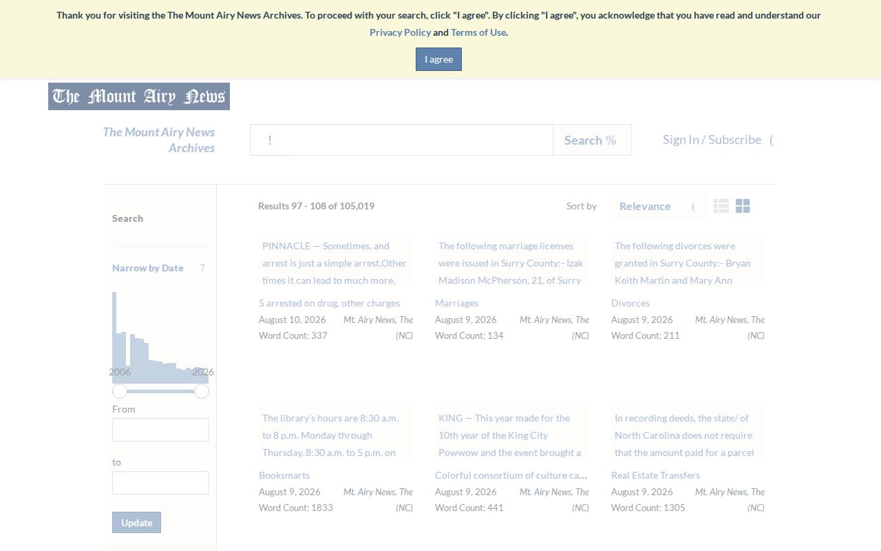 The Mount Airy News local crime-story archive interface